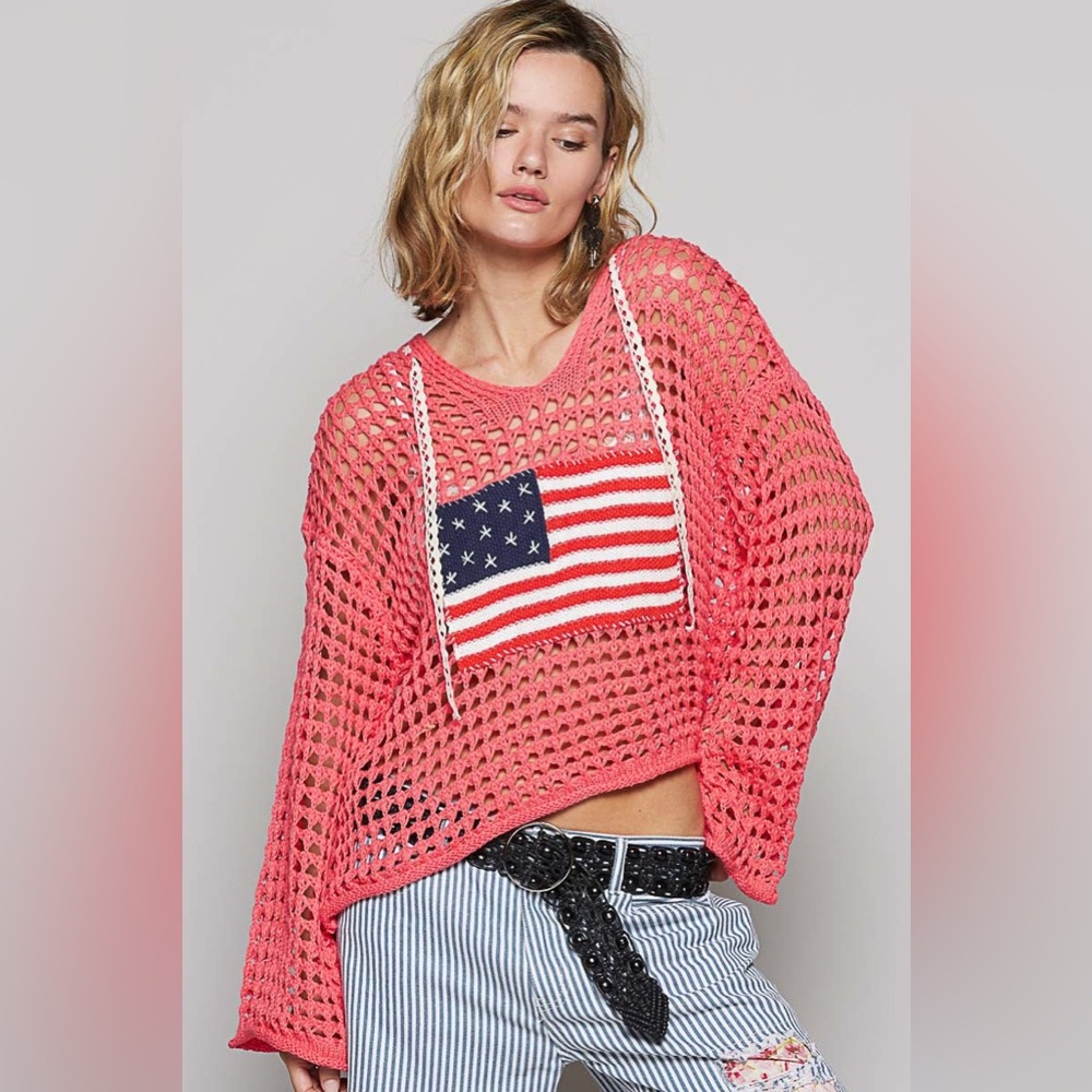 American Flag Open Knit Crochet Sweater Top - POL